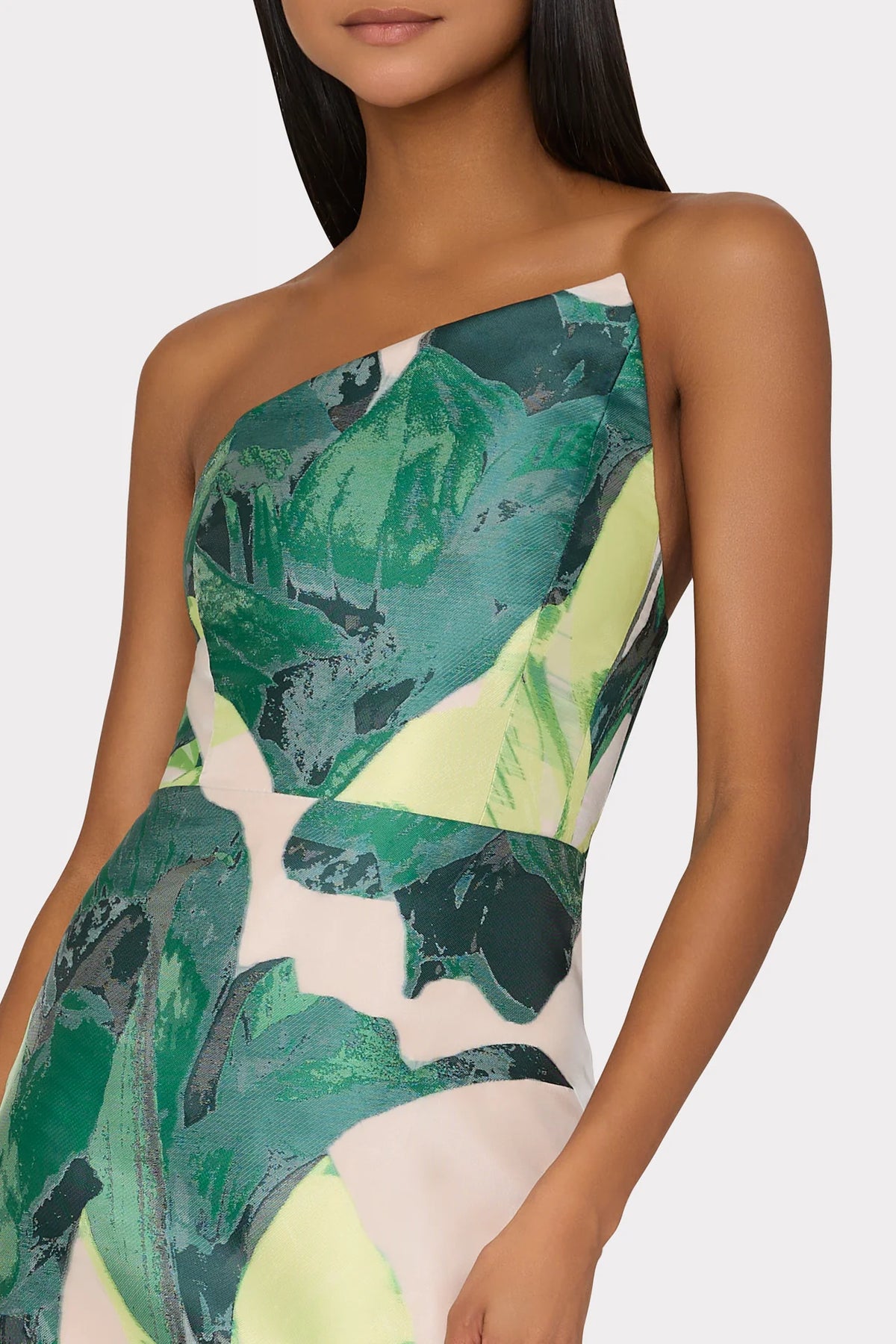Asymmetrical Tropical Forest Jacquard Midi Dress in Green Multi