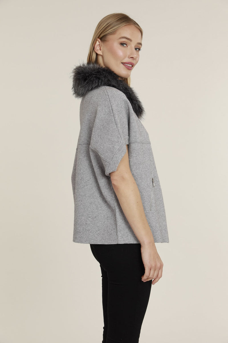 Faux Fur Collar Structured Cardigan in Gray