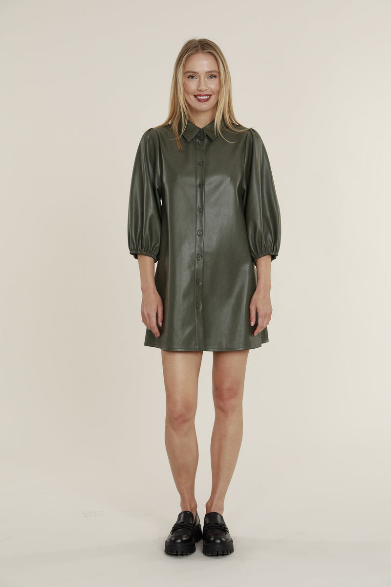 Vegan Leather Puff Sleeve Dress in Army