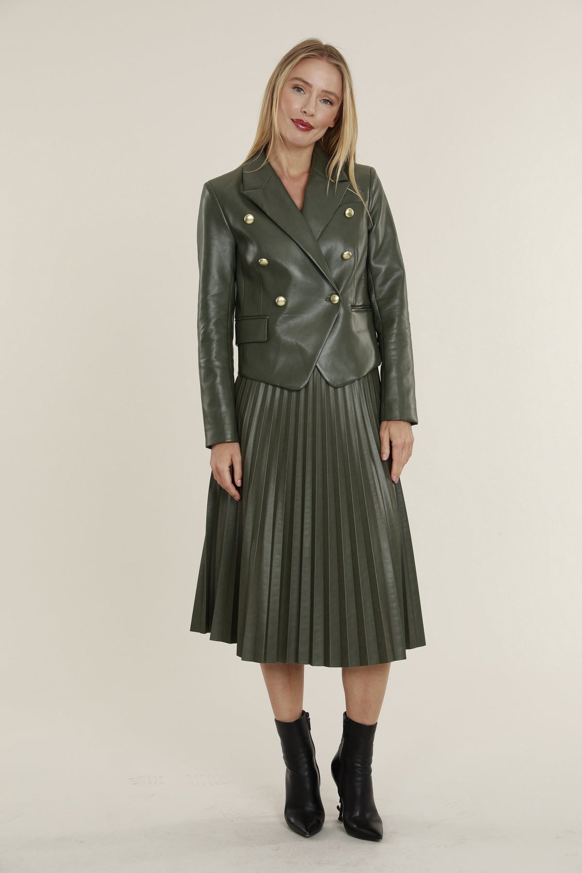 Vegan Leather Pleated Midi Skirt in Army