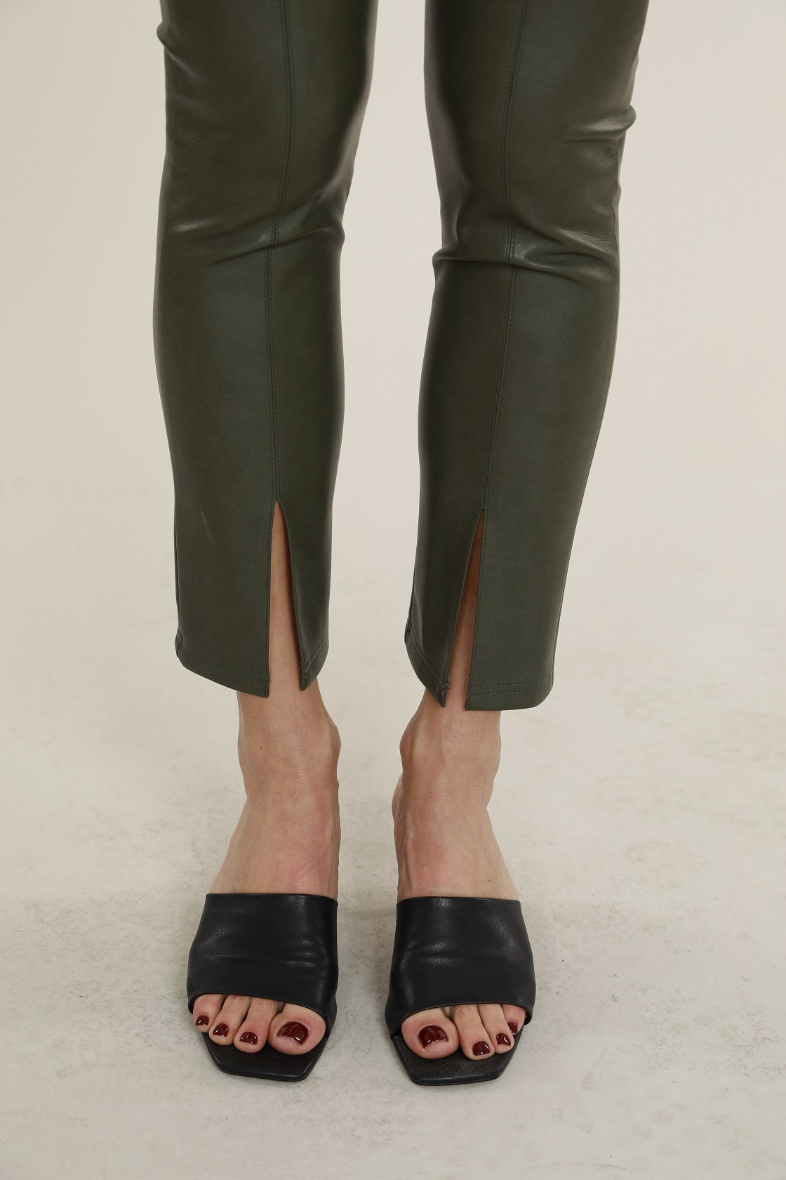 Vegan Leather Split Hem Legging in Army