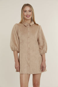 Faux Suede Puff Sleeve Dress in Camel