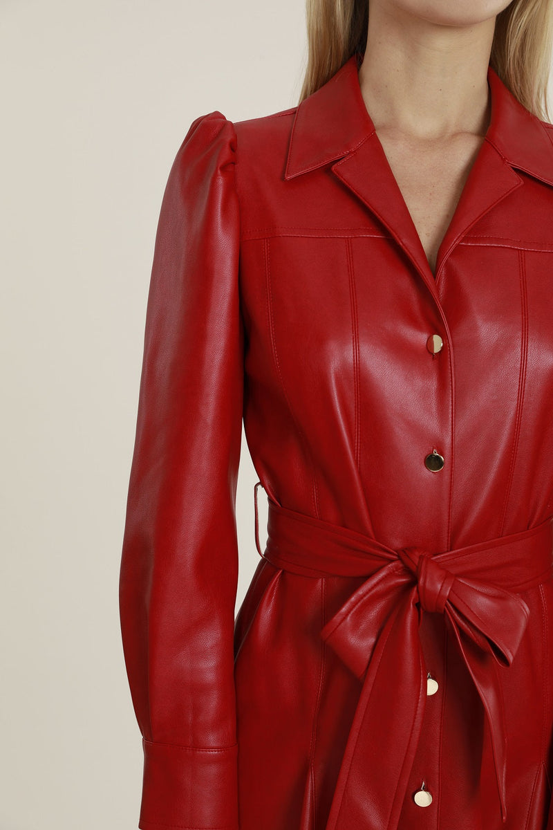 Vegan Leather Puff Shoulder Belted Dress in Red