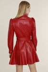 Vegan Leather Puff Shoulder Belted Dress in Red