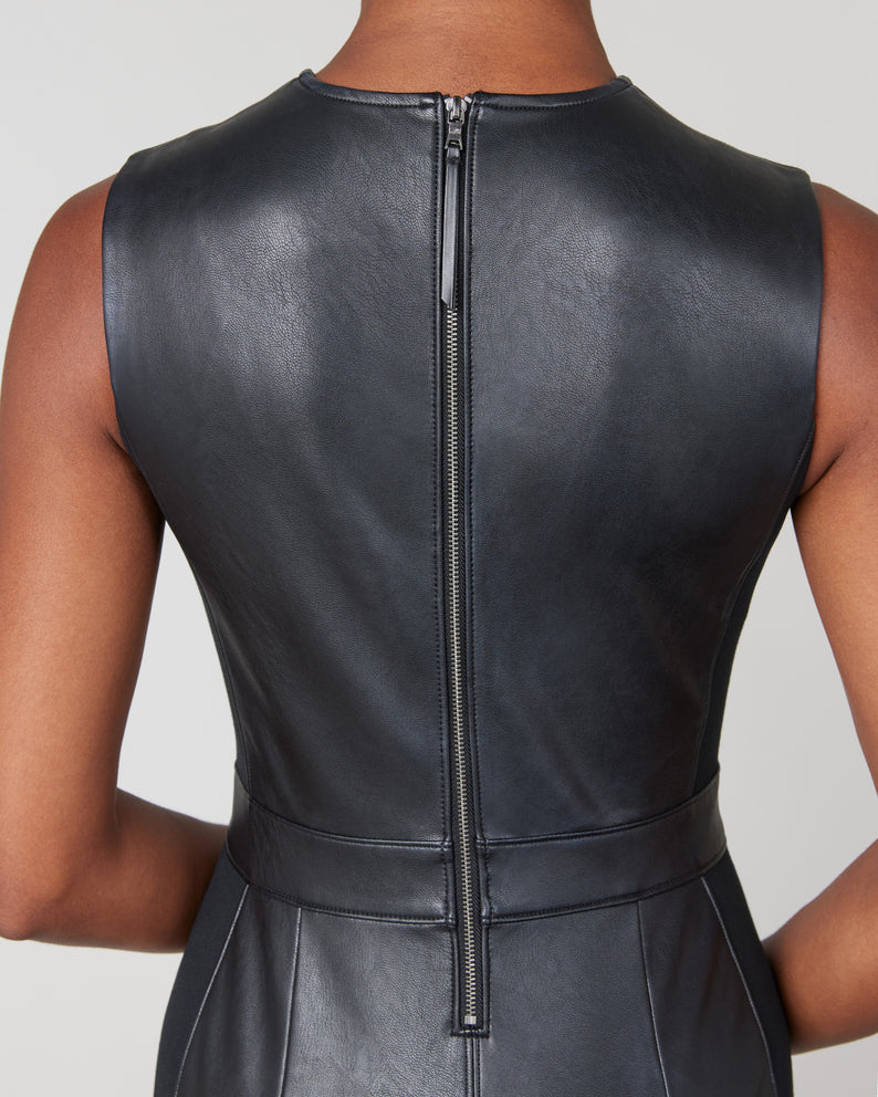 Leather-Like Combo Fitted Dress in Luxe Black