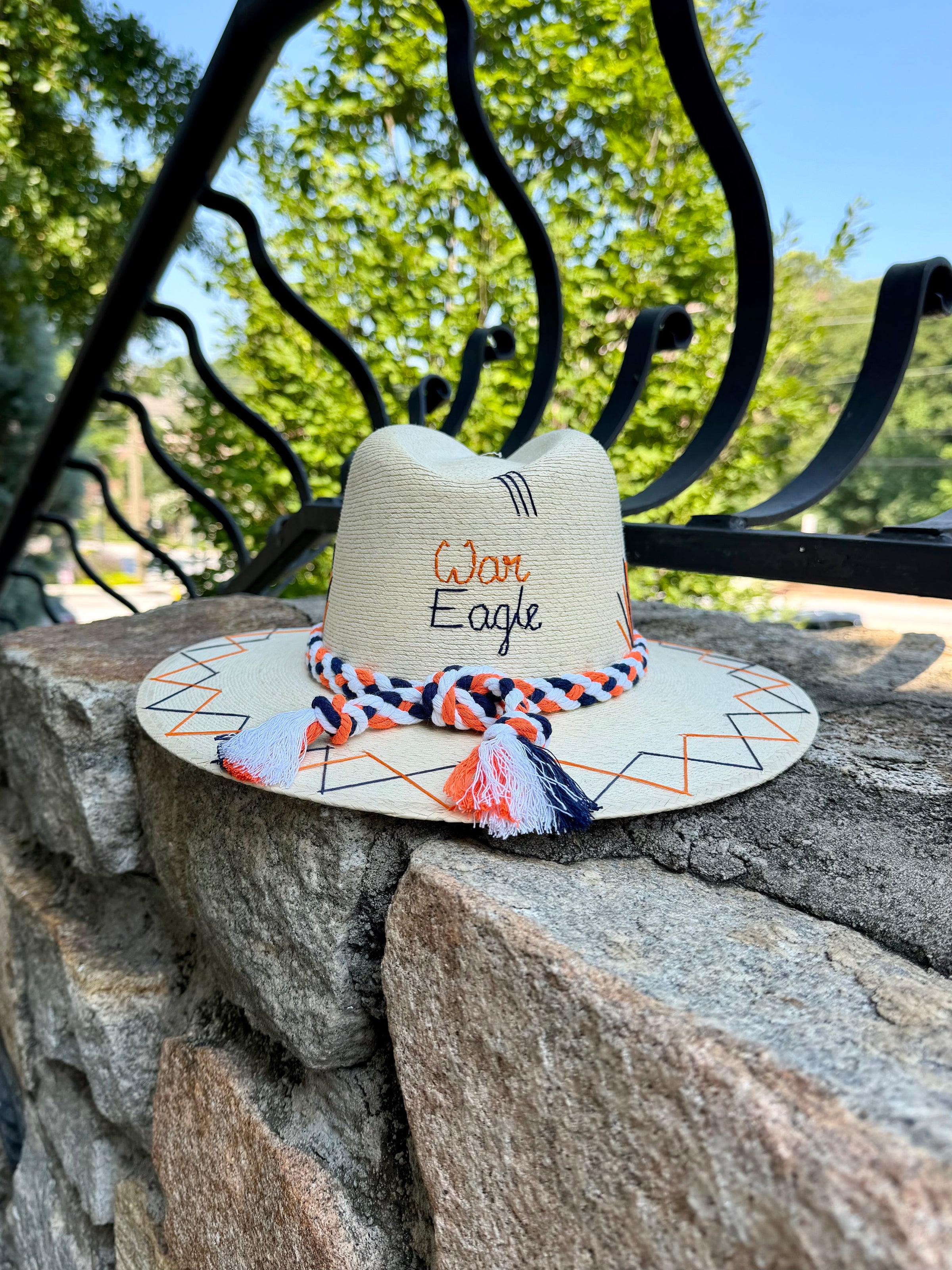 Navy Blue and Burnt Orange Agave Cursive White Palm Hat