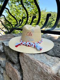 Cardinal Red and Powder Blue Cursive Natural Palm Hat