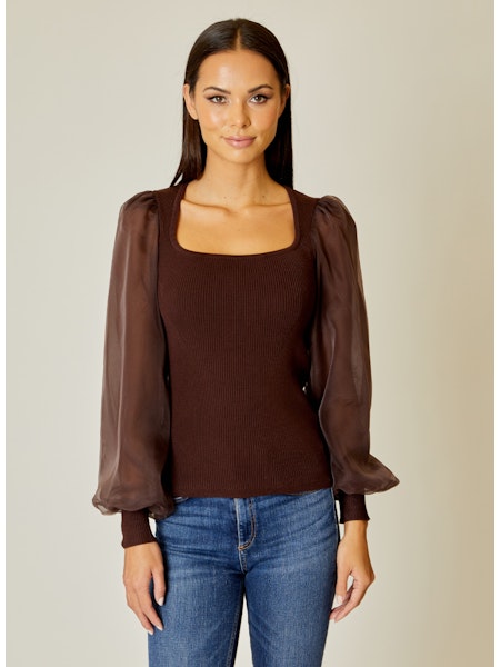 Chiffon Sleeve Knit Top in Pinecone