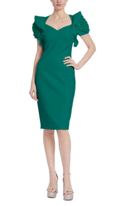 Ruffled Rosette Sleeves Sheath Dress in Emerald