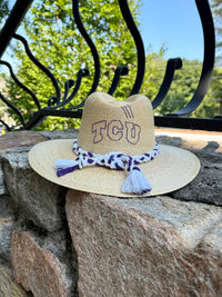 Purple and White Embroidered Natural Palm Hat
