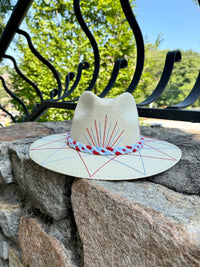 Cardinal Red and Powder Blue Agave Big Triangles White Palm Hat