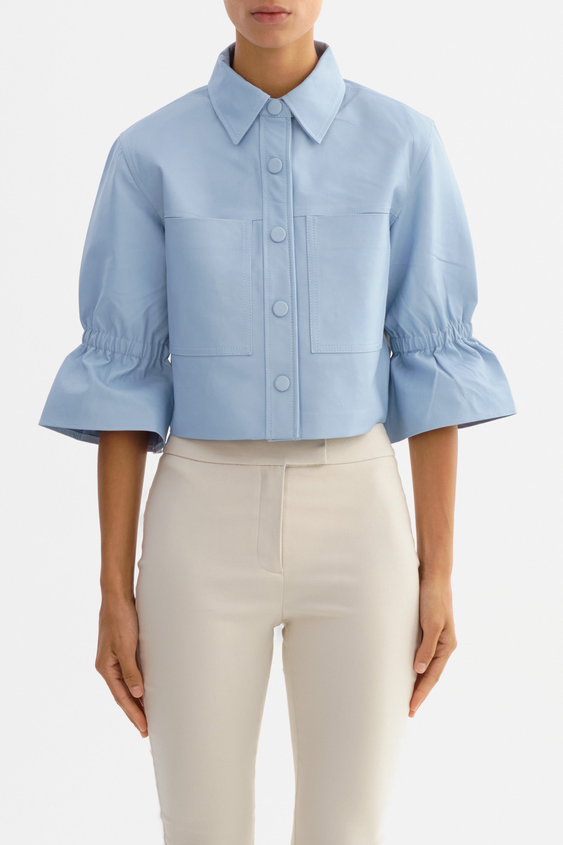 Carolina Ruffle Sleeve Jacket in Baby Blue