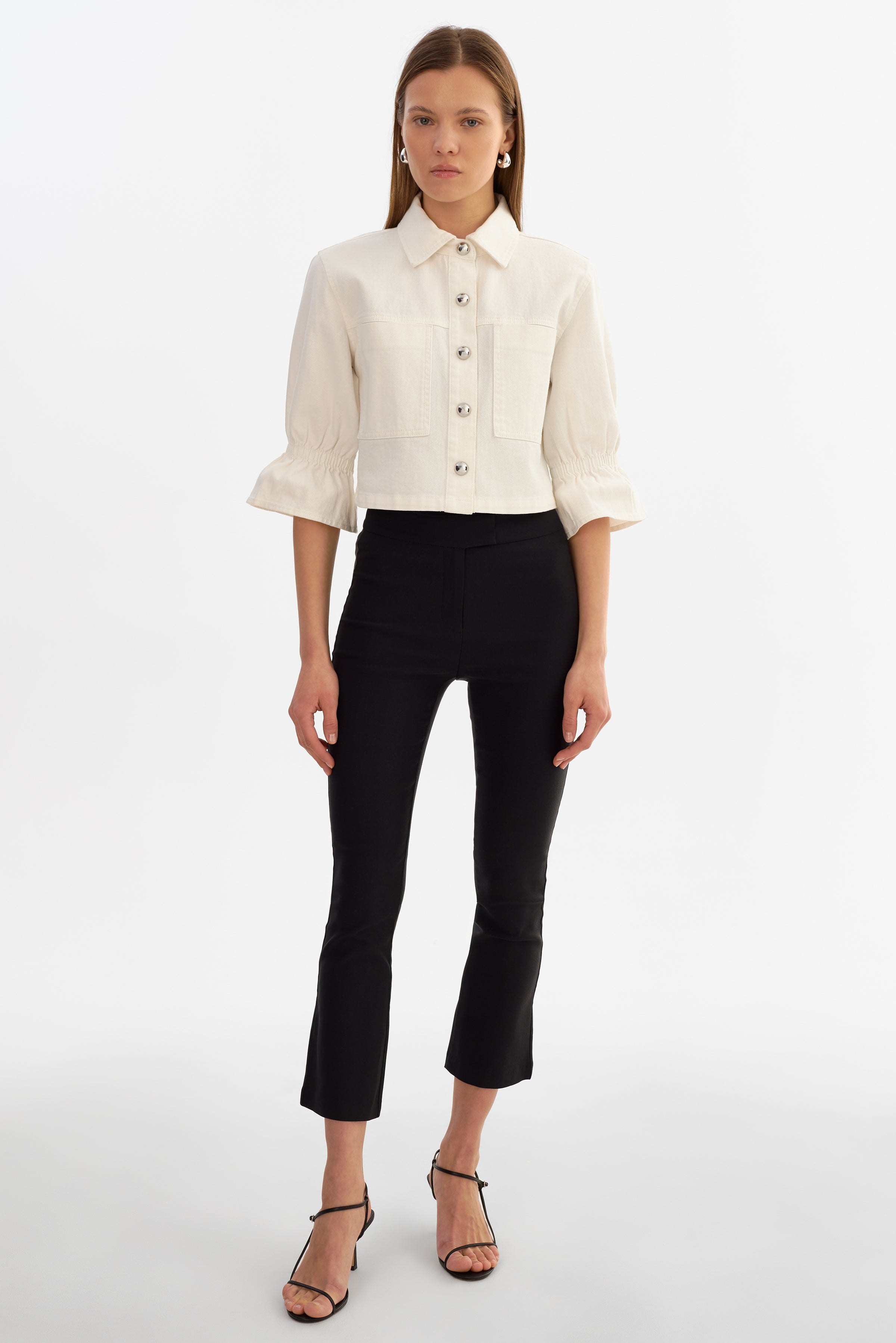 Carolina Ruffle Sleeve Jacket in White Denim