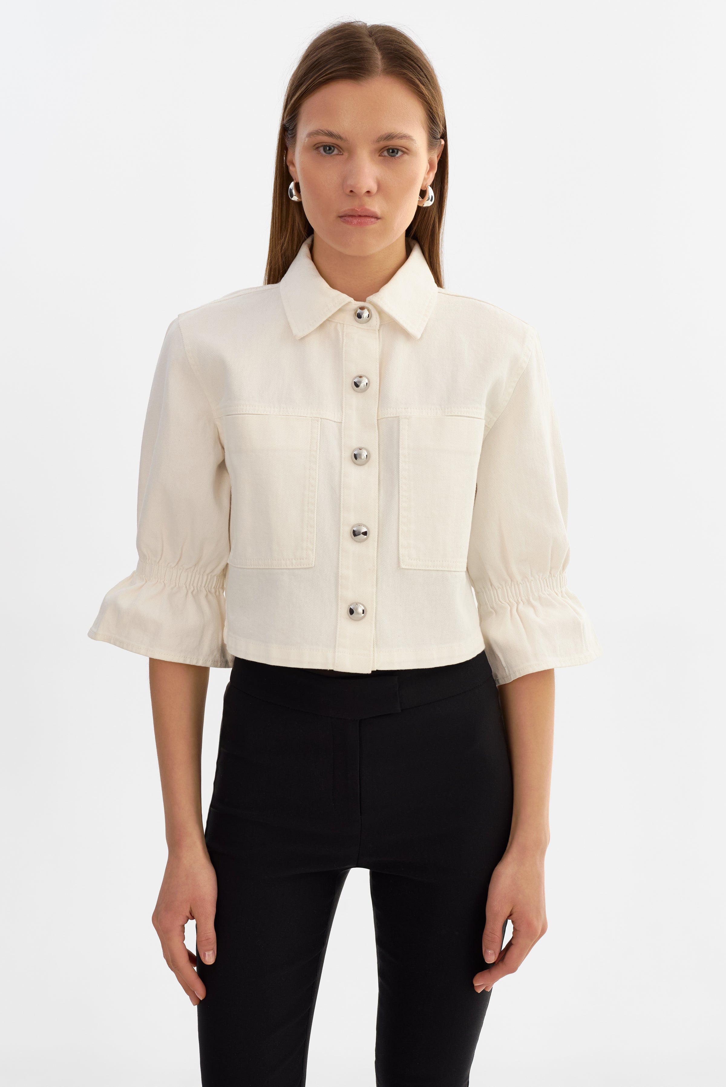 Carolina Ruffle Sleeve Jacket in White Denim