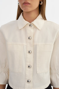 Carolina Ruffle Sleeve Jacket in White Denim