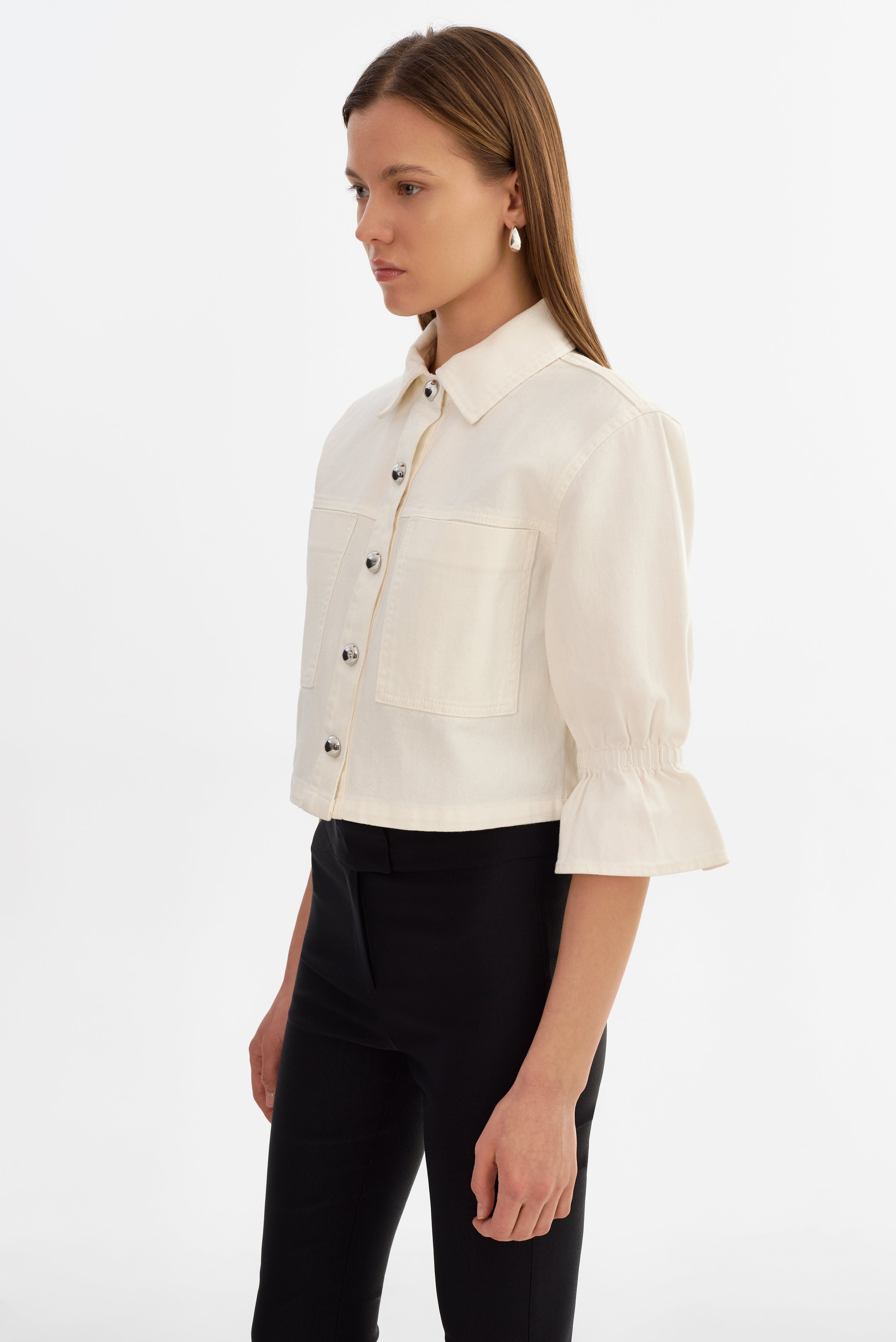 Carolina Ruffle Sleeve Jacket in White Denim
