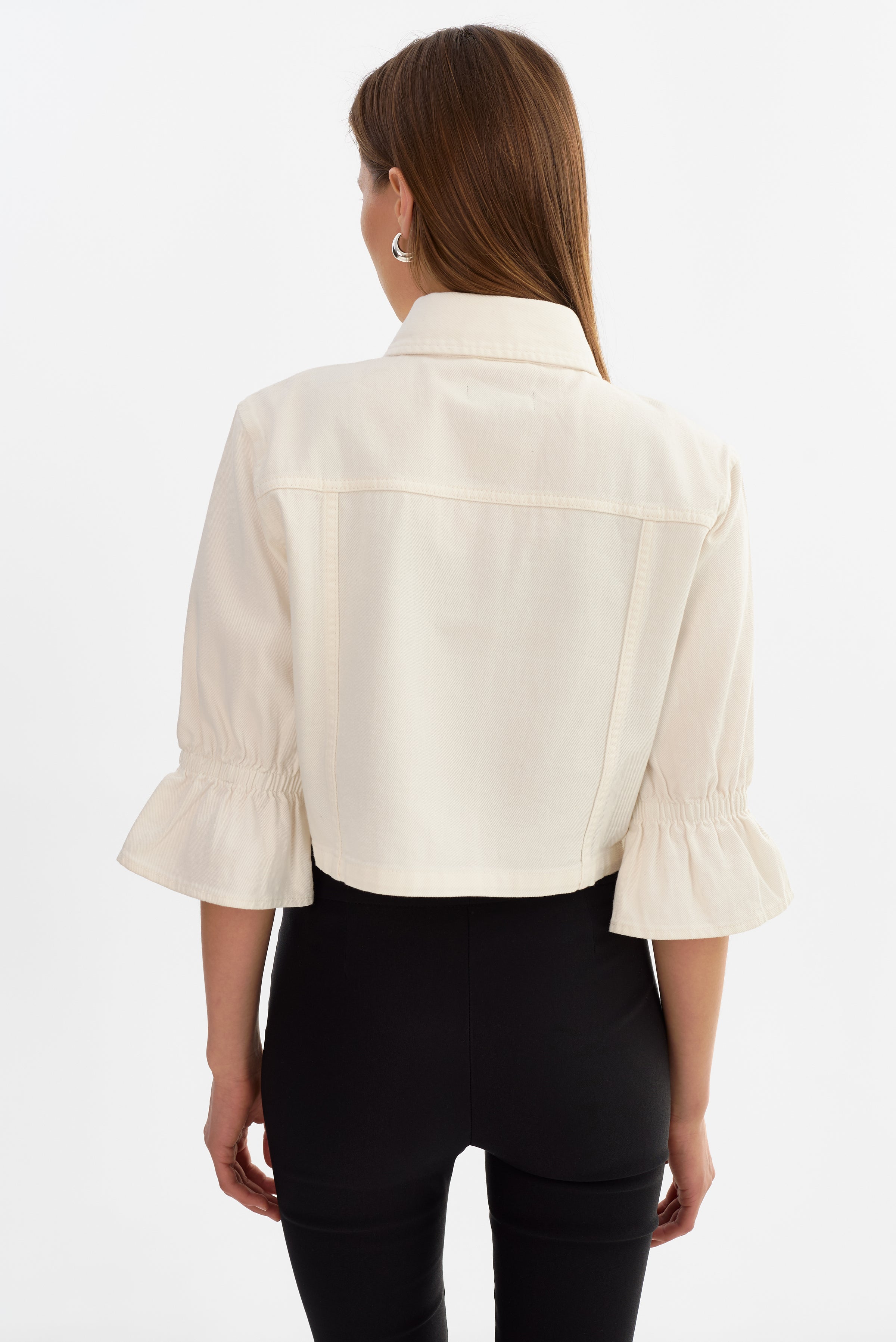 Carolina Ruffle Sleeve Jacket in White Denim