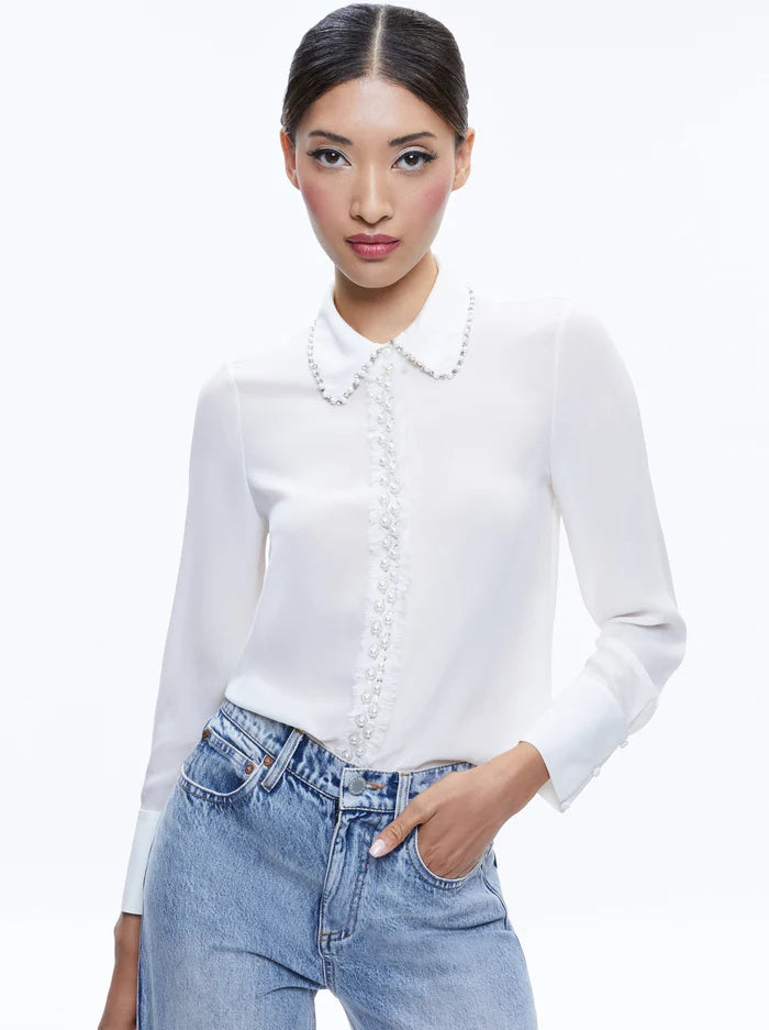 Willa Embellished Placket Top in Off White