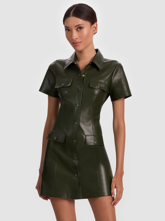 Alice & Olivia Jamie Vegan Leather Mini Dress in Dark Olive Poppy's of Atlanta Alice & Olivia Jamie Vegan Leather Mini Dress in Dark Olive Poppy's of Atlanta