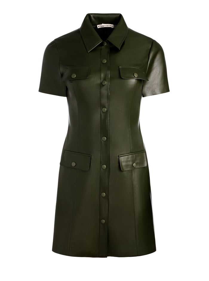 Alice & Olivia Jamie Vegan Leather Mini Dress in Dark Olive Poppy's of Atlanta Alice & Olivia Jamie Vegan Leather Mini Dress in Dark Olive Poppy's of Atlanta