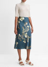 Camellia Branch Satin Slip Skirt in Azurine