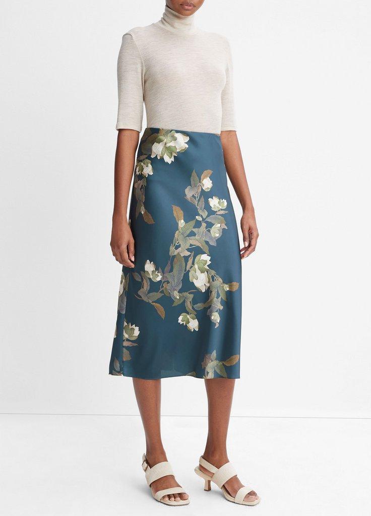 Camellia Branch Satin Slip Skirt in Azurine