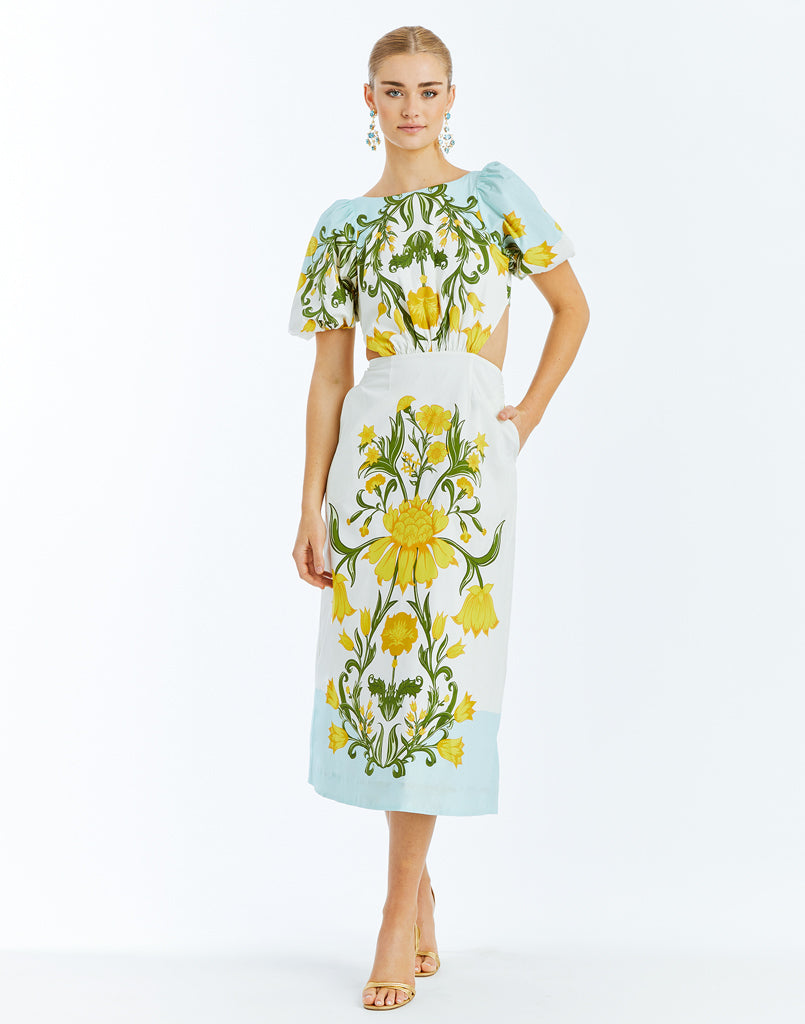 Eileen Midi Dress in Blue/Yellow Floral