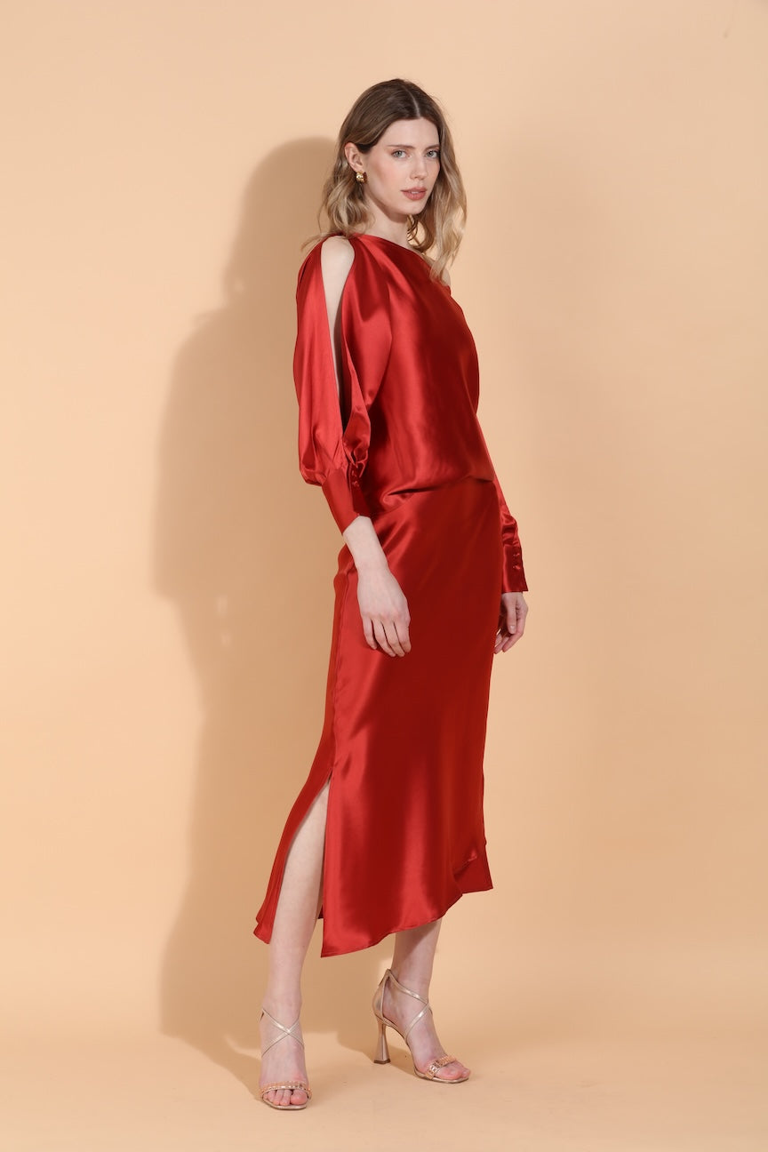 FW255K380-FW25B380-jessie-liu-satin-boat-neck-split-sleeve-blouse-assymetrical-hem-side-slit-slip-skirt-burnt-orange-1