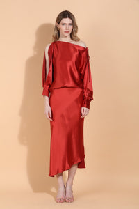 FW255K380-FW25B380-jessie-liu-satin-boat-neck-split-sleeve-blouse-assymetrical-hem-side-slit-slip-skirt-burnt-orange-1