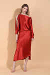 FW255K380-FW25B380-jessie-liu-satin-boat-neck-split-sleeve-blouse-assymetrical-hem-side-slit-slip-skirt-burnt-orange-1
