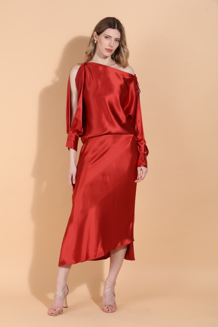 FW255K380-FW25B380-jessie-liu-satin-boat-neck-split-sleeve-blouse-assymetrical-hem-side-slit-slip-skirt-burnt-orange-1
