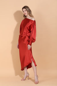 FW255K380-FW25B380-jessie-liu-satin-boat-neck-split-sleeve-blouse-assymetrical-hem-side-slit-slip-skirt-burnt-orange-1