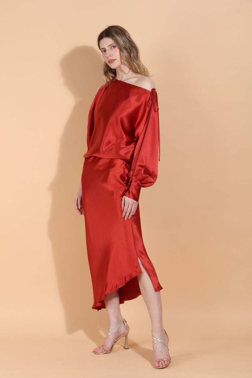 FW255K380-FW25B380-jessie-liu-satin-boat-neck-split-sleeve-blouse-assymetrical-hem-side-slit-slip-skirt-burnt-orange-1