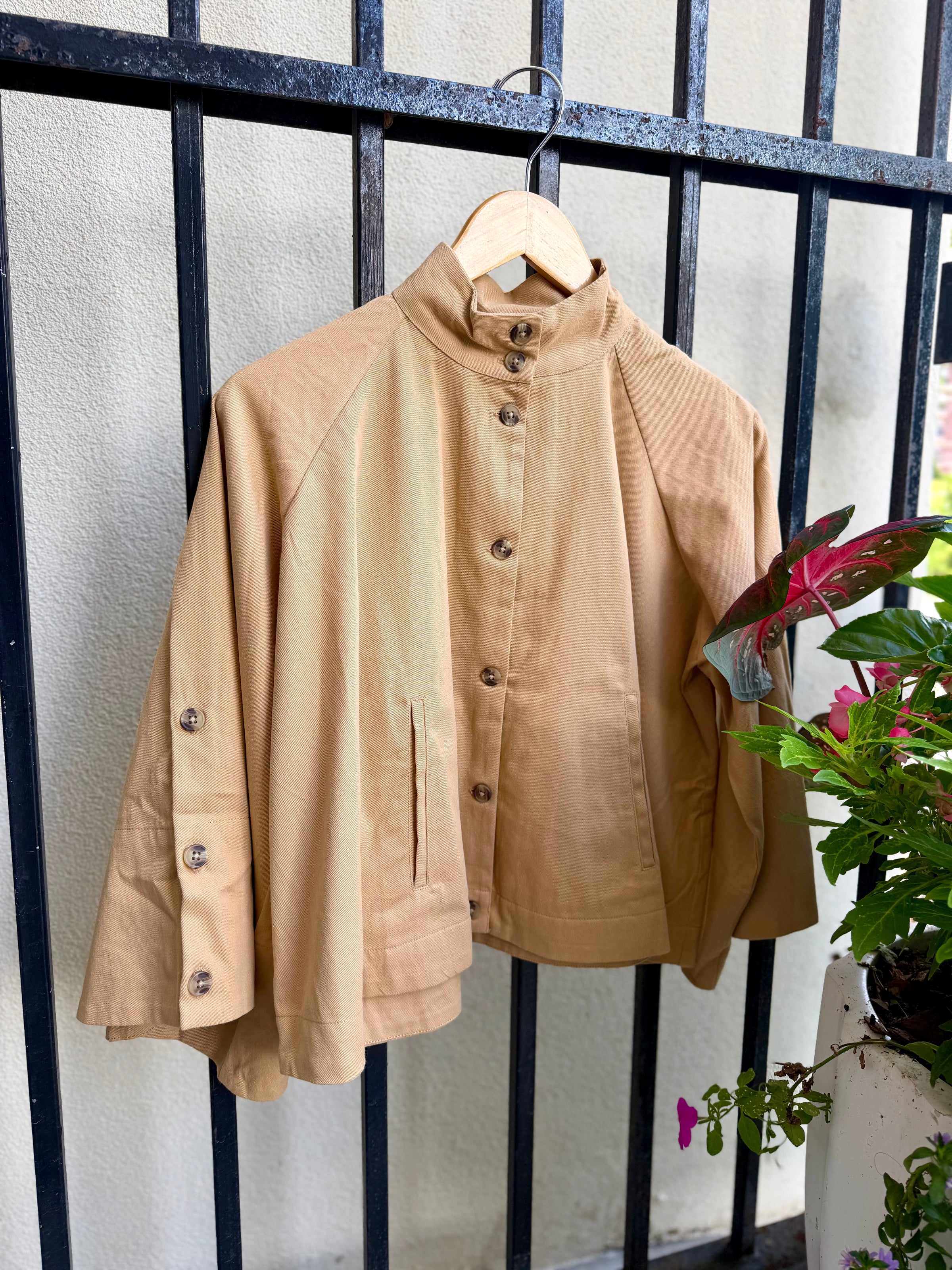 Button Down Capelet Jacket in Tan