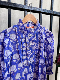 Ruffle Front Button Blouse in Trento Cobalt