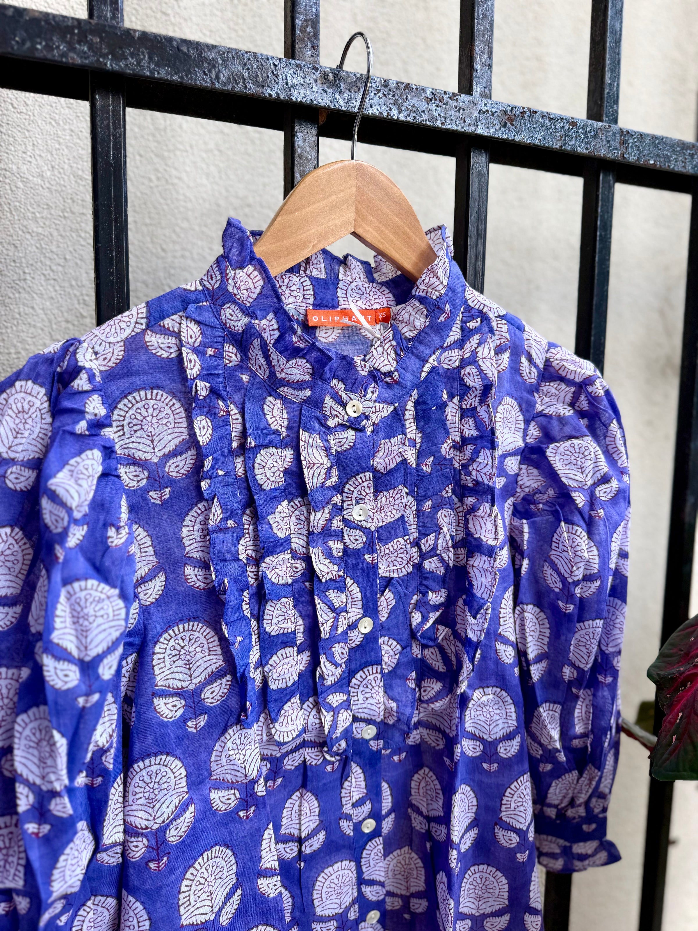 Ruffle Front Button Blouse in Trento Cobalt