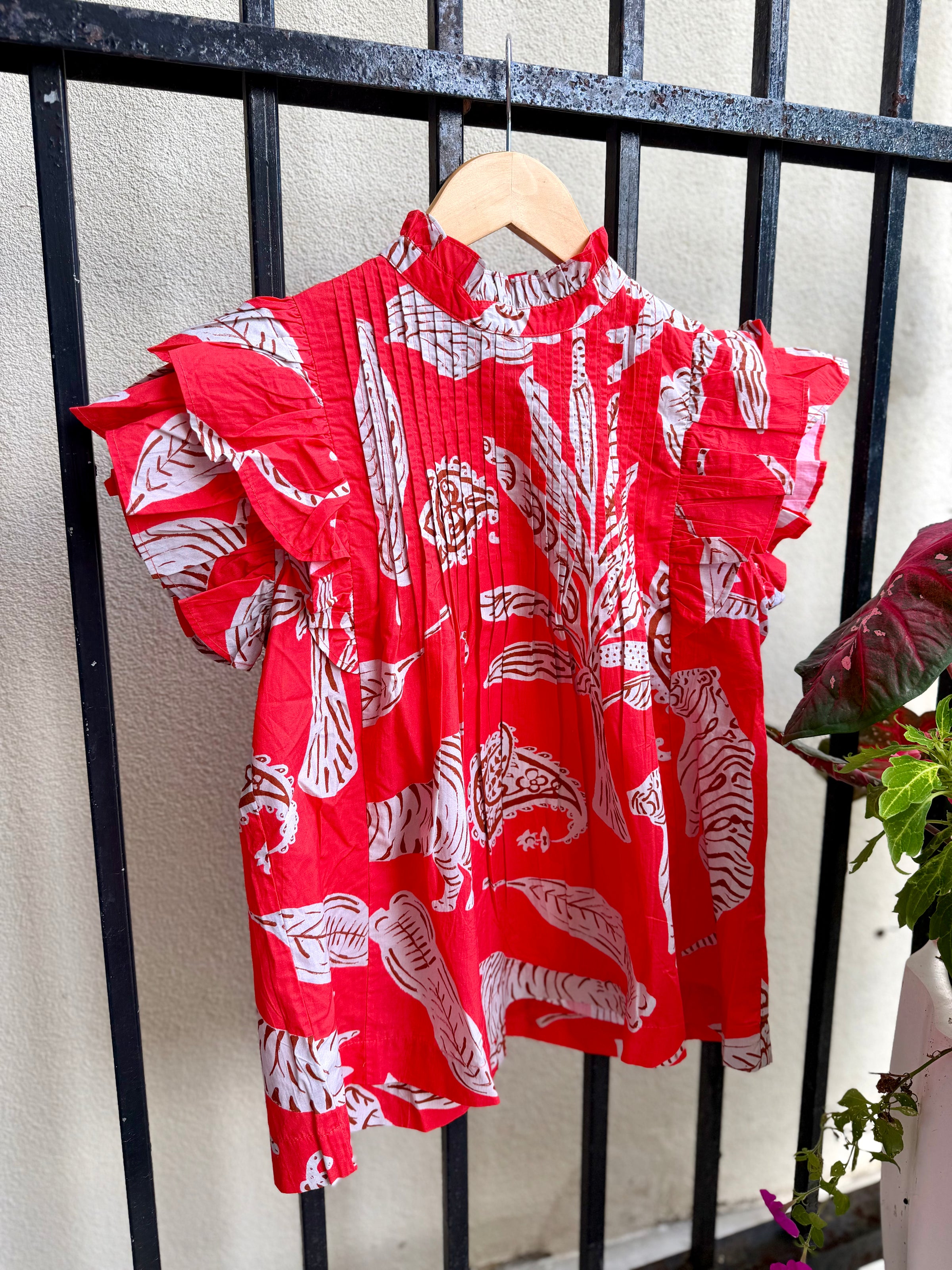 Pintuck Ruffle Top in Bengal Brick