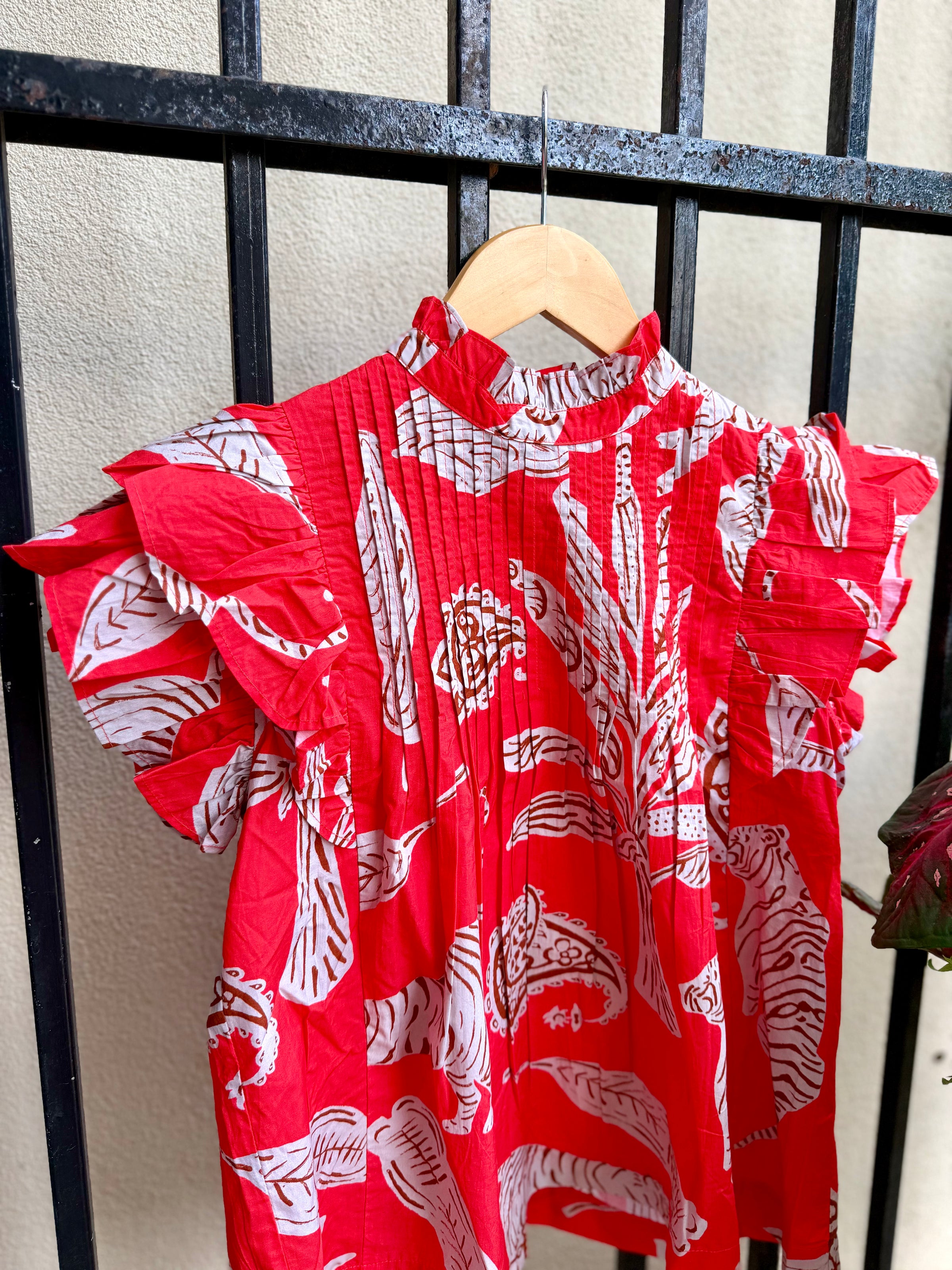 Pintuck Ruffle Top in Bengal Brick