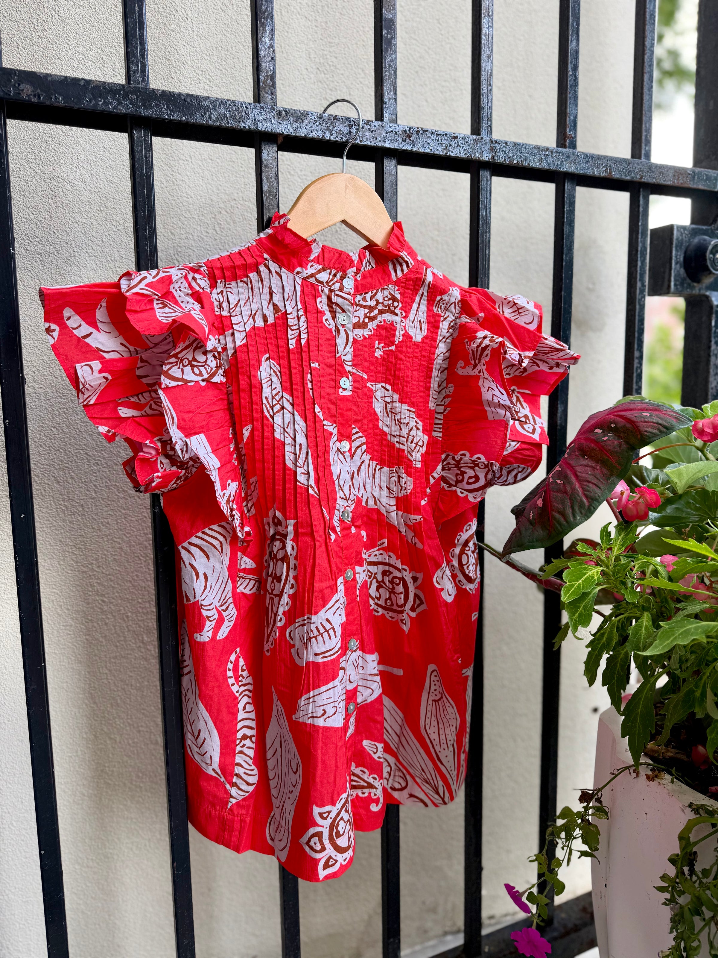 Pintuck Ruffle Top in Bengal Brick