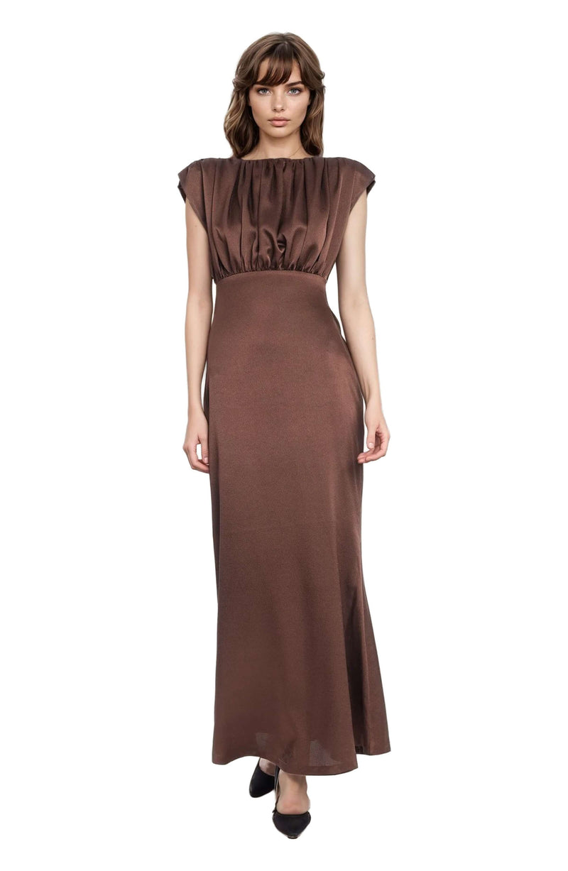 J0587-badgley-mischka-kelly-high-neck-gathered-bodice-gown-brown-1