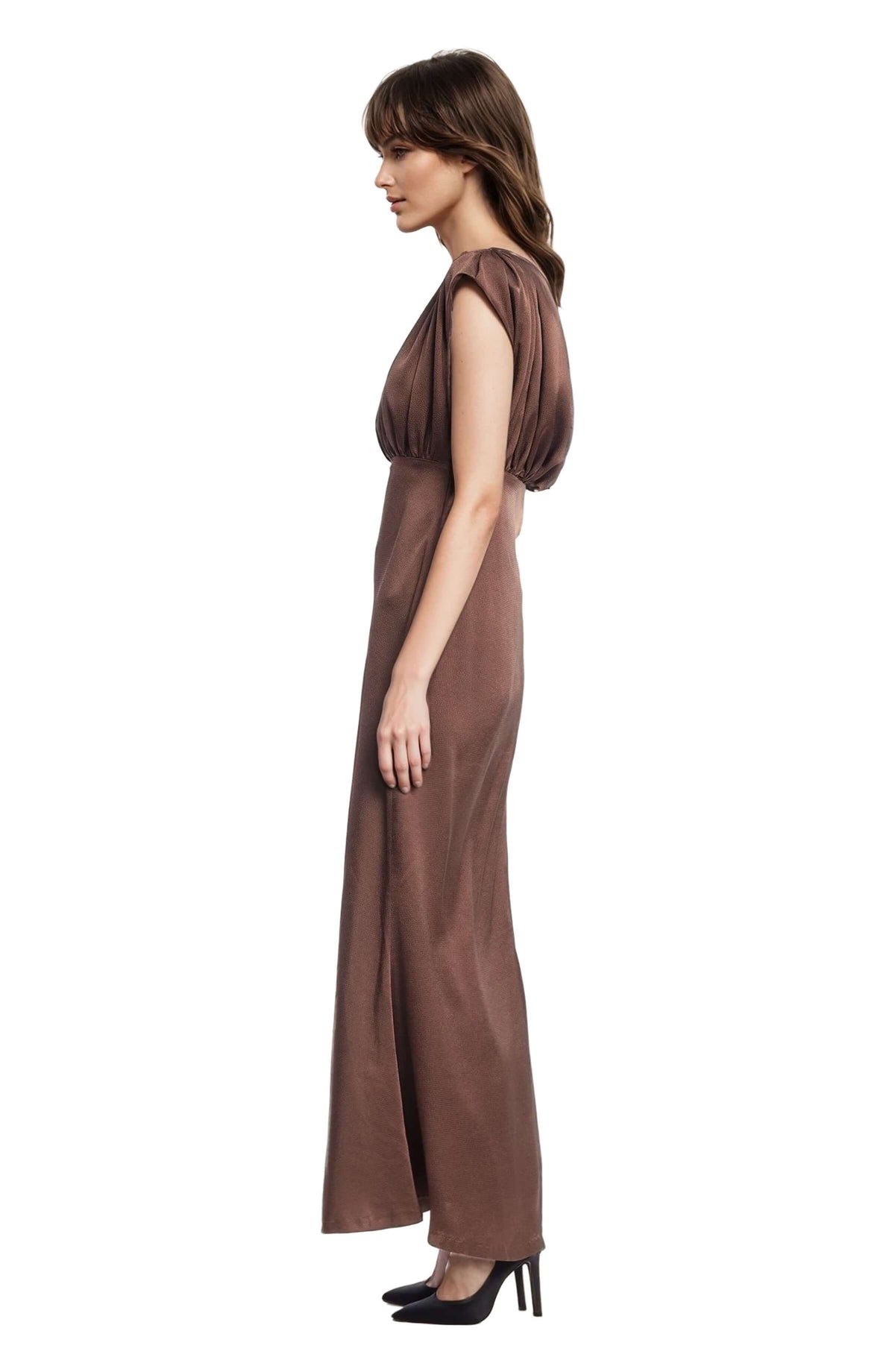 J0587-badgley-mischka-kelly-high-neck-gathered-bodice-gown-brown-1