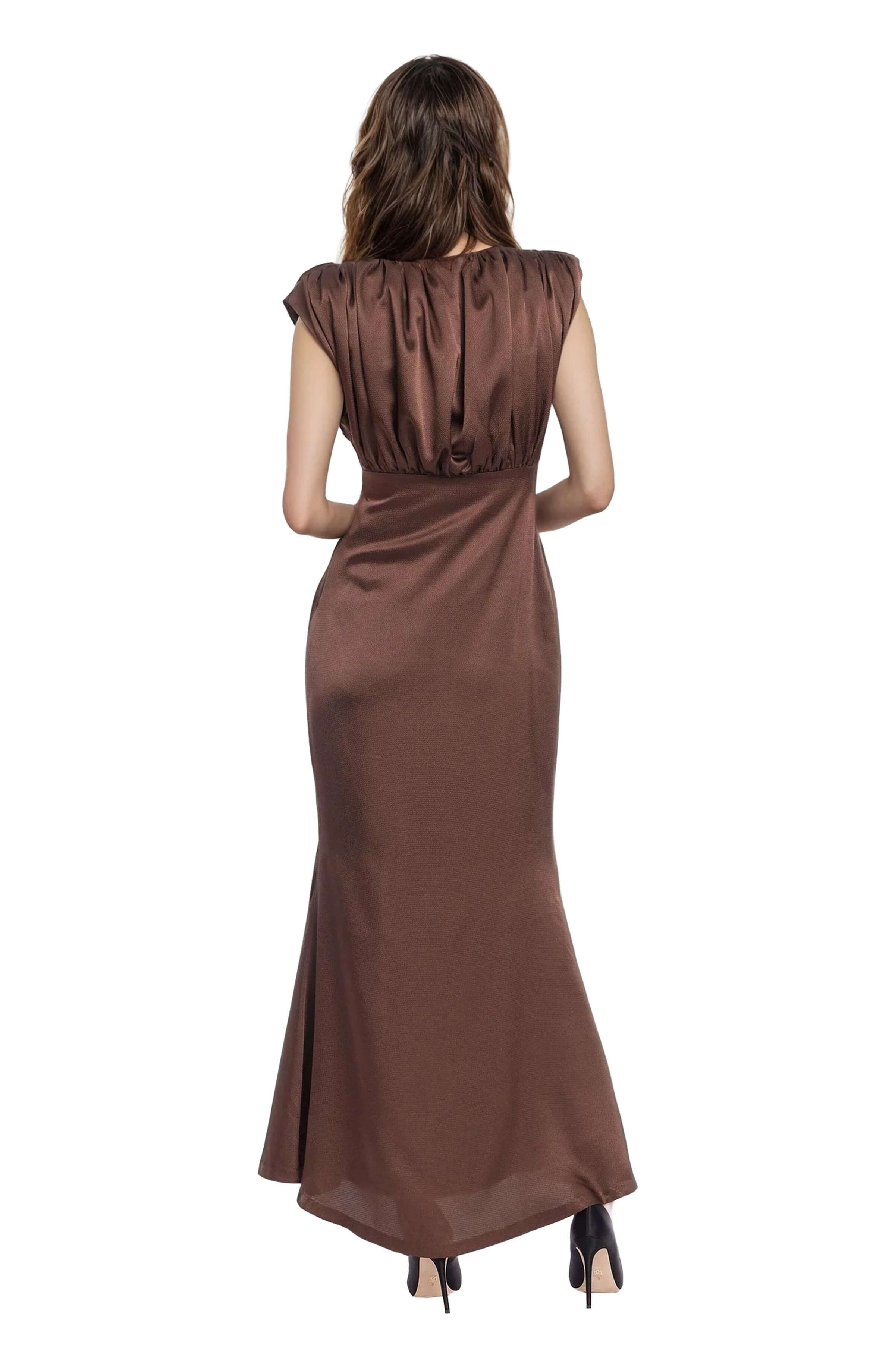 J0587-badgley-mischka-kelly-high-neck-gathered-bodice-gown-brown-1