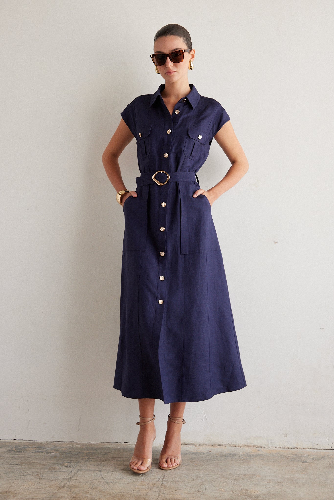 knee length dresses for ladies Navy Linen Maxi Dress with Button Back