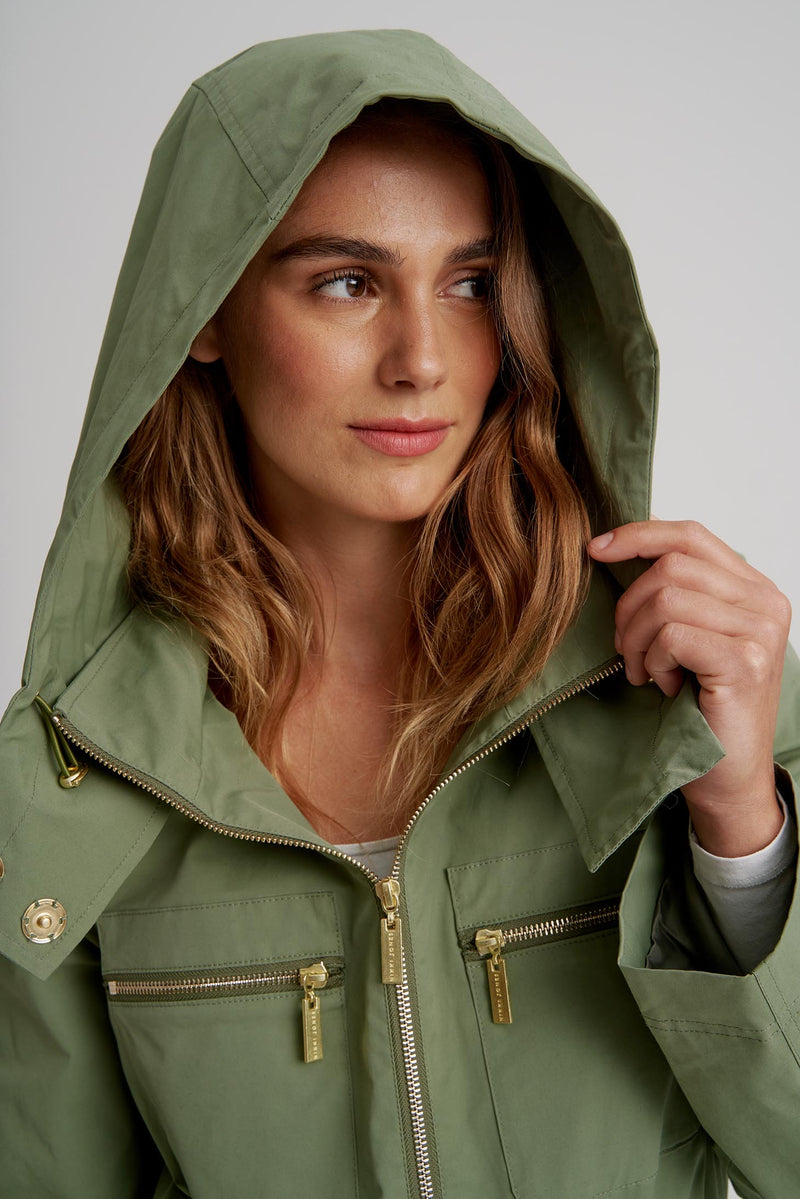 Hooded Elastic Waist Rain Jacket in Olive
