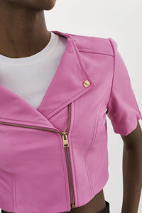 Kirsi Cropped Biker Jacket in Pink