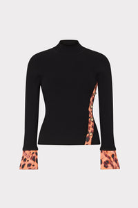 KQT629-milly-printed-satin-cuff-knit-mock-neck-top-black-cheetah-1