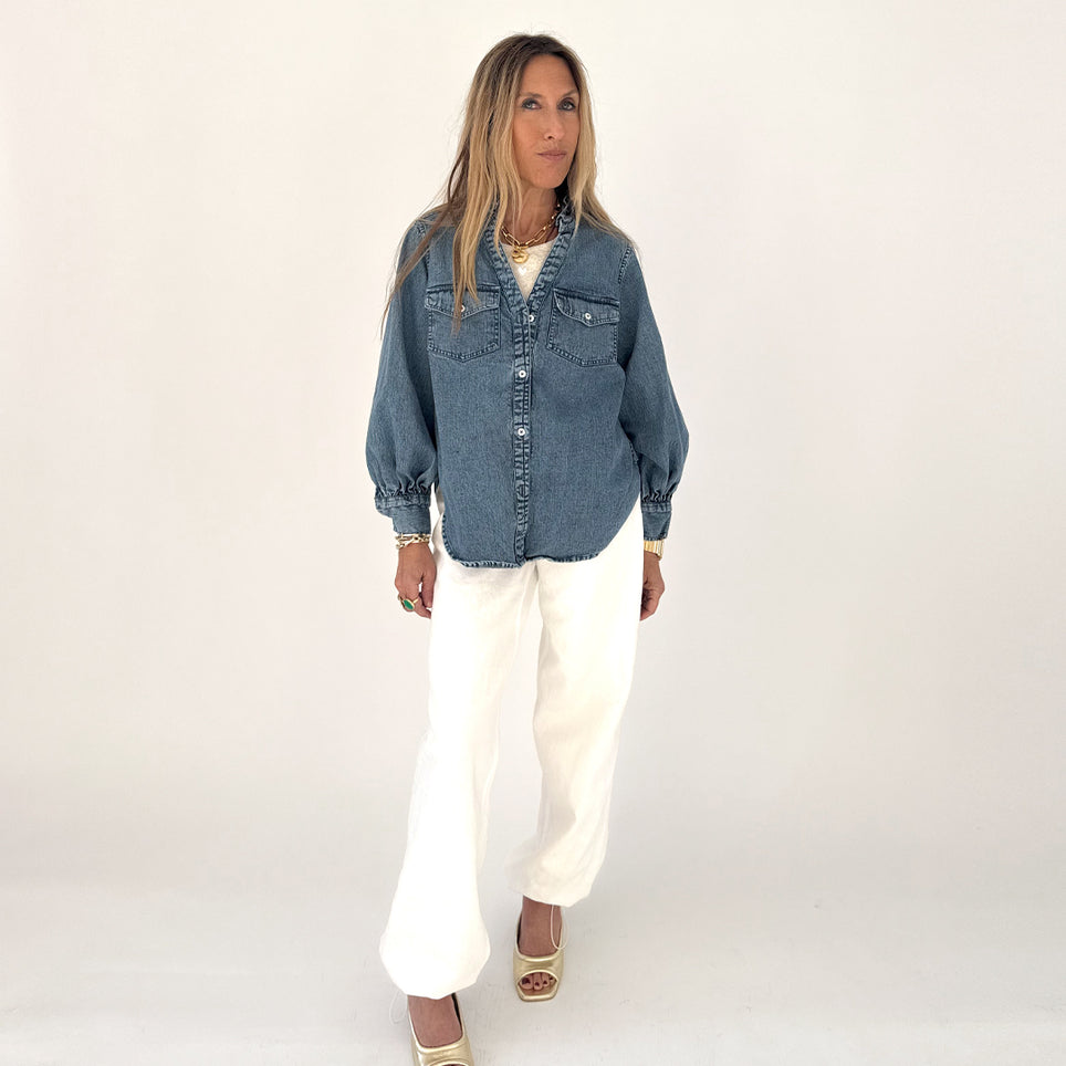 Puff Sleeve Denim Shirt in True Denim
