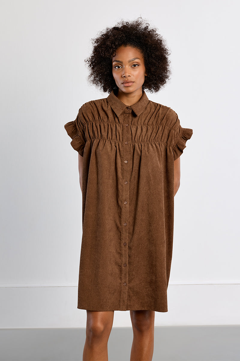 LAL154EN-molly-bracken-smocked-corduroy-shirt-dress-choclate-1