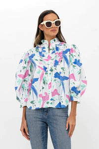 Ruffle Front Button Blouse in Macaw Blue