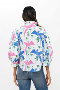 Ruffle Front Button Blouse in Macaw Blue